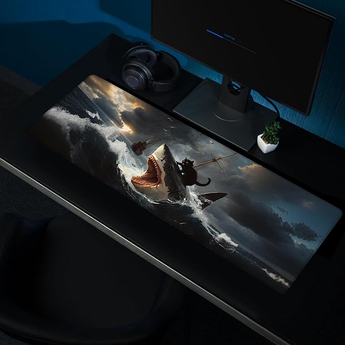 Funny Black Cat Mouse Pad, Abstract Quirky Cat and Shark Mousepad - Large Non-Slip Desk Mat for Office, PC & Laptop - 31.5"x11.8" x 3mm
