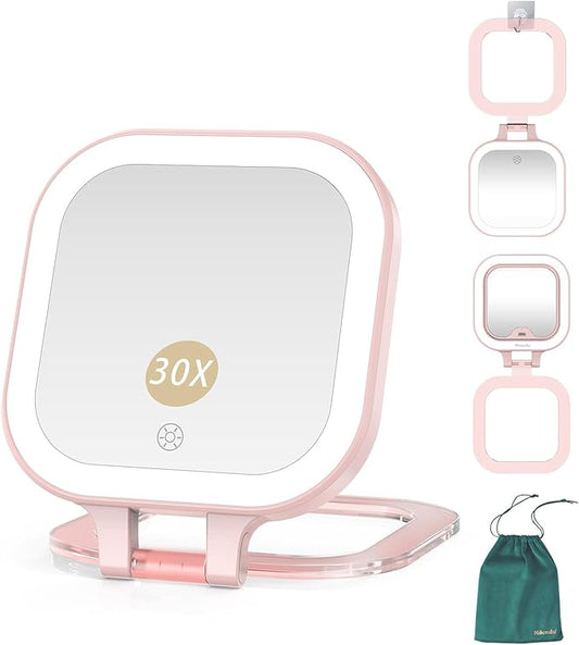 Mocado Compact Travel Makeup Mirror, 1X/30X Magnifying Mirror with Light, Double Sides Compact Mirror with 3 Color Light, Dimmable Handheld Mirror, Rechargeable Travel for Purse,Pocket(Pink)