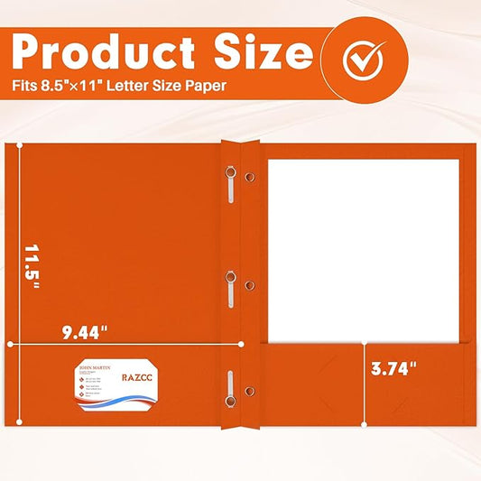 Two Pocket Folders, RAZCC 50 Pack Two Pocket Folders with Prongs, 3 Prong Folders Fit Letter Size Paper, Pocket File Folders for School Office Home Business, Orange
