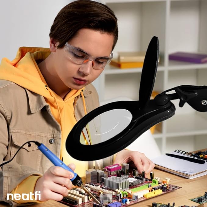 Neatfi 1,200 Lumens Super LED Magnifying Lamp with Clamp, Dimmable, Includes Microfiber Cleaning Cloth, 5 Inch Diameter Lens for Reading, Sewing, Crafting (Black, 8 Diopter)
