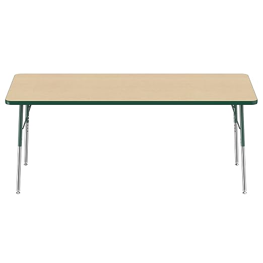 FDP Rectangle Activity School and Office Table (30 x 72 inch), Standard Legs with Swivel Glides, Adjustable Height 19-30 inches - Maple Top and Green Edge
