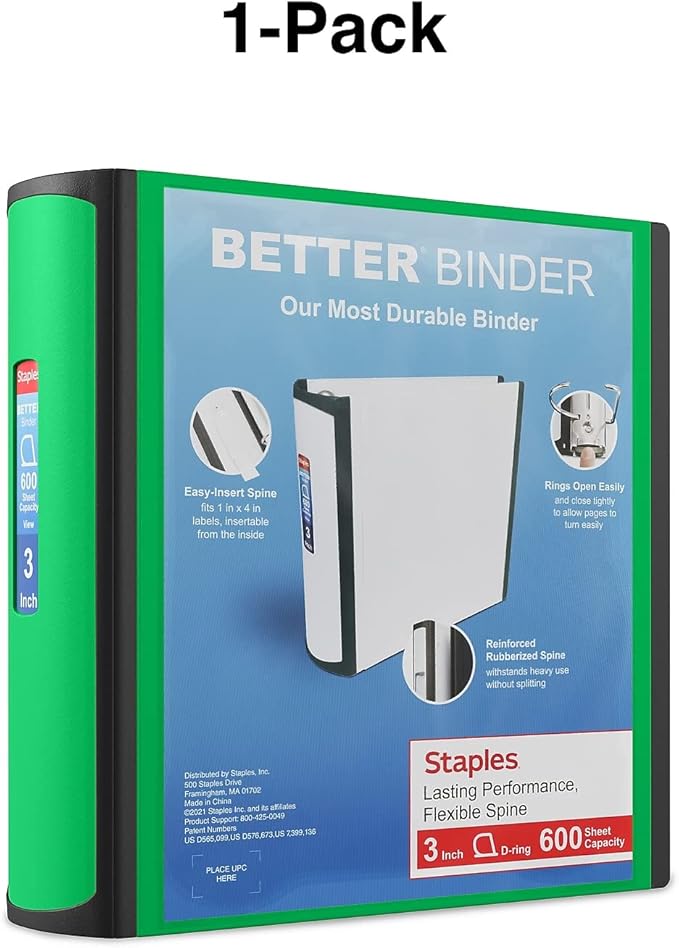 Staples 892167 Better 3-Inch D 3-Ring View Binder Green (19936)