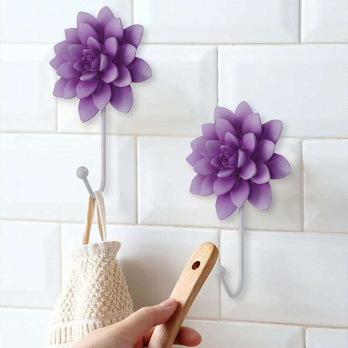 Guichifun Flower Shaped Decorative Wall Hooks - 2pcs Resin Purple Vintage Decor Hanger for Keys, Bags, Towels Bathroom Living Room Kitchen Home Decoration Gift 4 x 1.5 x 7 Inch