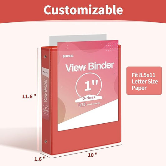 SUNEE 3 Ring Binder 1 Inch 1 Pack, Clear View Three Ring PVC-Free (Fit 8.5x11 Inches) for School or Office Supplies, Red