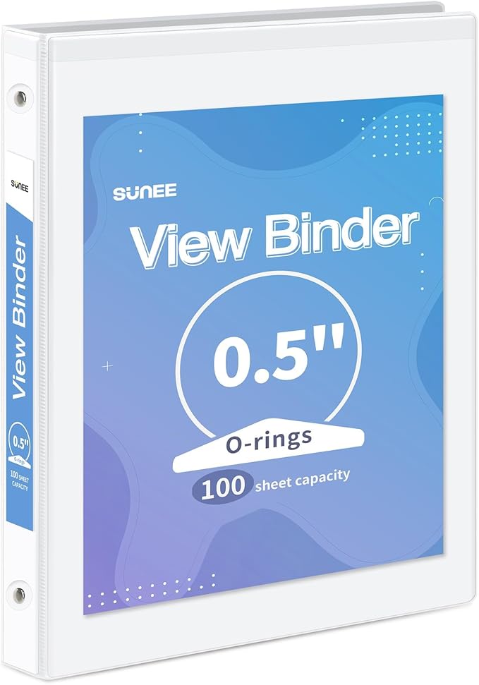 SUNEE 3 Ring Binder 1/2 Inch 1 Pack, Clear View Binder Three Ring PVC-Free (Fit 8.5x11 Inches) for School or Office Supplies, White