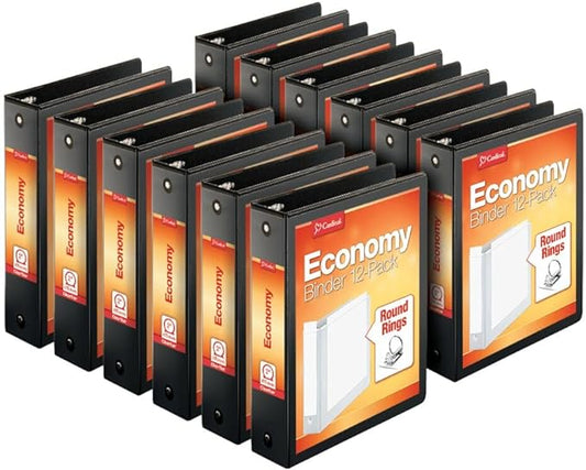Cardinal Economy 3-Ring Binders, 2", Round Rings, Holds 475 Sheets, ClearVue Presentation View, Non-Stick, Black, Carton of 12 (90640)