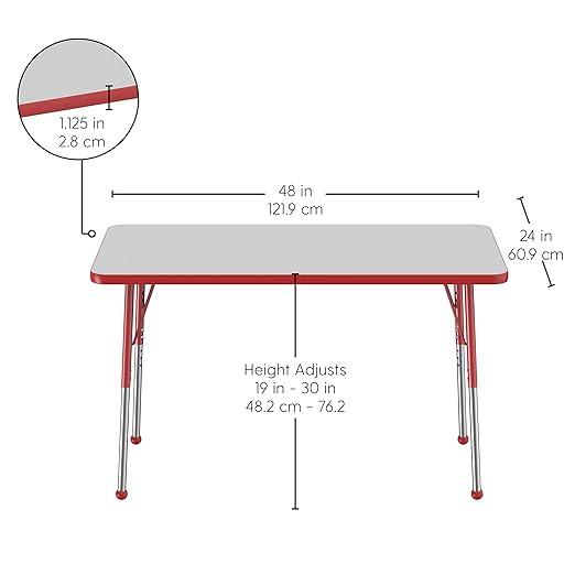 Factory Direct Partners FDP Rectangle Activity School and Office Table (24 x 48 inch), Standard Legs with Ball Glides, Adjustable Height 19-30 inches - Gray Top and Red Edge