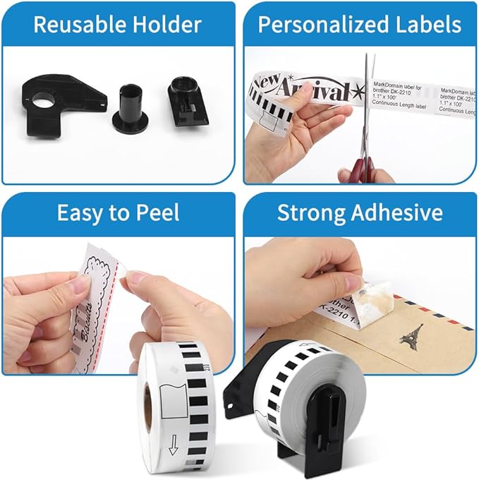 MarkDomain - DK-2210 Label Compatible Brother Continuous Length 1.1" x 100' White Paper Tape Roll (29mm x 30.4M) Work with QL-810W QL-820nwb Printers - 10 Rolls + 1 Frame