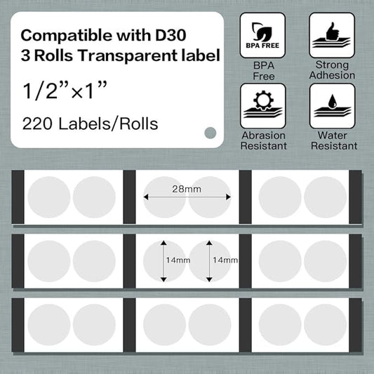 Phomemo D30 Labels,Transparent Circle 1/2" X 1" (14mm X 28mm),Adhesive Label Paper, 220 Labels/Roll,3 Roll, Compatible with Phomemo D30 Portable Bluetooth Label Maker
