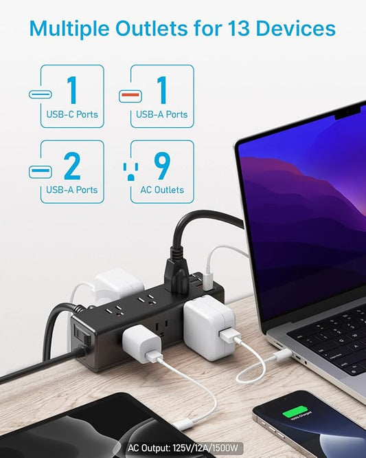 CCCEI Desk Clamp Power Strip with 9 Outlets, Desktop Edge Mount Surge Protector with USB-A and 45W USB-C Ports, Widely Spaced Desk Outlet Fast Charging Station, 10 FT Flat Plug, Fit 1.6 inch Table.