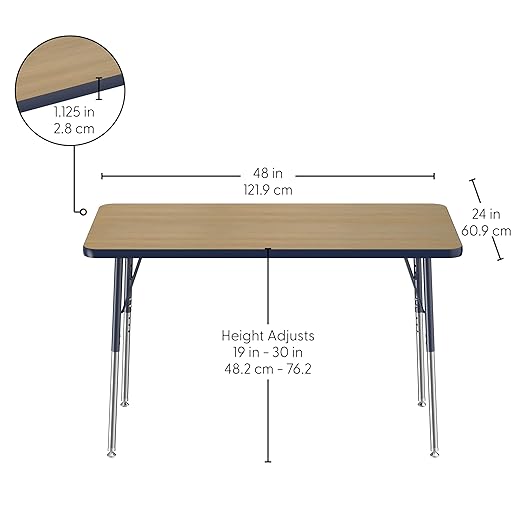 FDP Rectangle (24 x 48 inch) Classroom Table with Adjustable Standard Swivel Glide Legs (19-30 in); School and Office Furniture - Pasadena Oak Top/Navy Edge and Legs