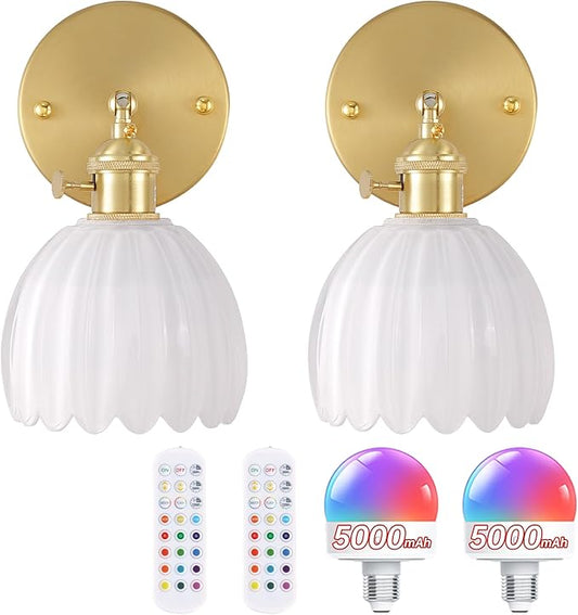 Vintage Battery Operated Wall Sconce with White Tulip Glass Lampshade 5000 mAh Rechargeable Battery Powered Wall Light with Remote Control for Bedside Bedroom Doorway, Set of 2