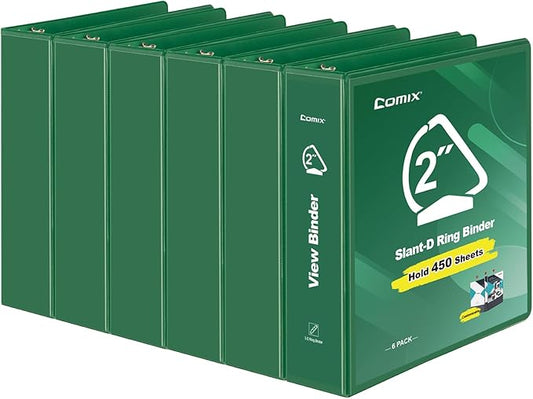 COMIX Sturdy 3 Ring Binder 2 inch with Clear View Cover, 2" Slant-D Ring View Binder Holds 500 Sheets of US Letter Size Paper, 6 Pack (Green)