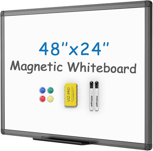VIZ-PRO Magnetic Whiteboard/Dry Erase Board with Black Aluminium Frame, 48 X 24 Inches, Includes 1 Eraser & 2 Markers & 4 Magnets