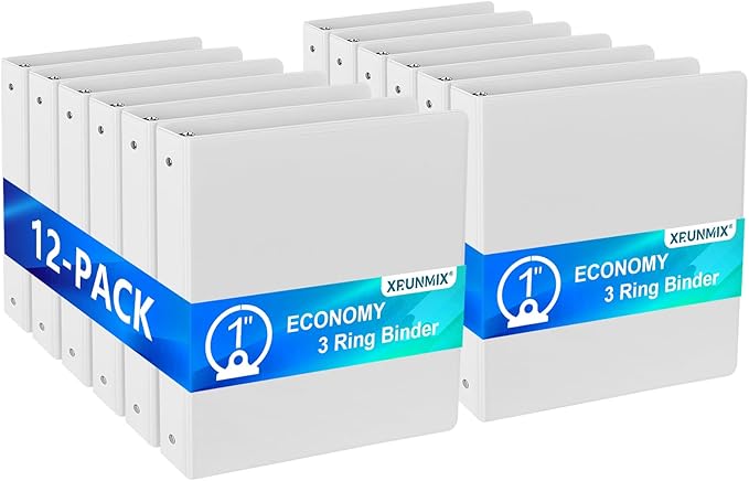 Economy 3-Ring Binders, 1 Inch, Round Rings, 200 Sheet Capacity, ClearVue Presentation View, Non-Stick, White (12)