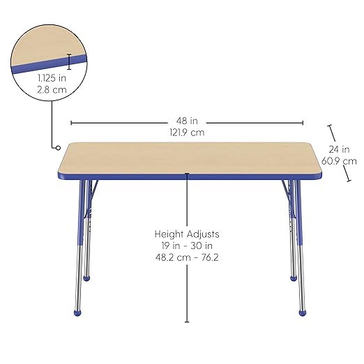 Factory Direct Partners FDP Rectangle Activity School and Office Table (24 x 48 inch), Standard Legs with Ball Glides, Adjustable Height 19-30 inches - Maple Top and Blue Edge