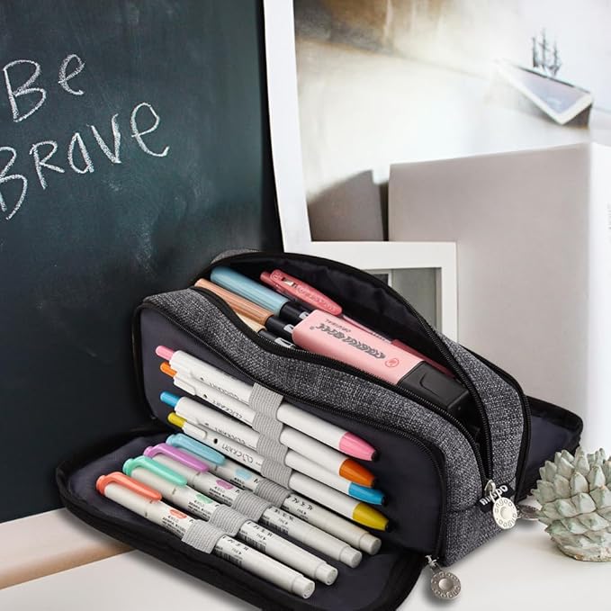 ANGOOBABY Large Pencil Case Big Capacity 3 Compartments Canvas Pencil Pouch for Teen Boys Girls School Students (Black)