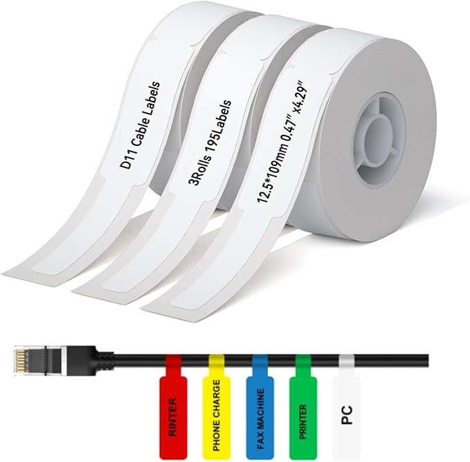 NIIMBOT D110 Label Maker Tape Adhesive White Label Paper 0.47" X 4.29" (12.5 X 109mm) 65 Labels/Roll, Compatible for NIIMBOT D11 D110 Label Printer, Thermal Paper Black on White, 3-Roll