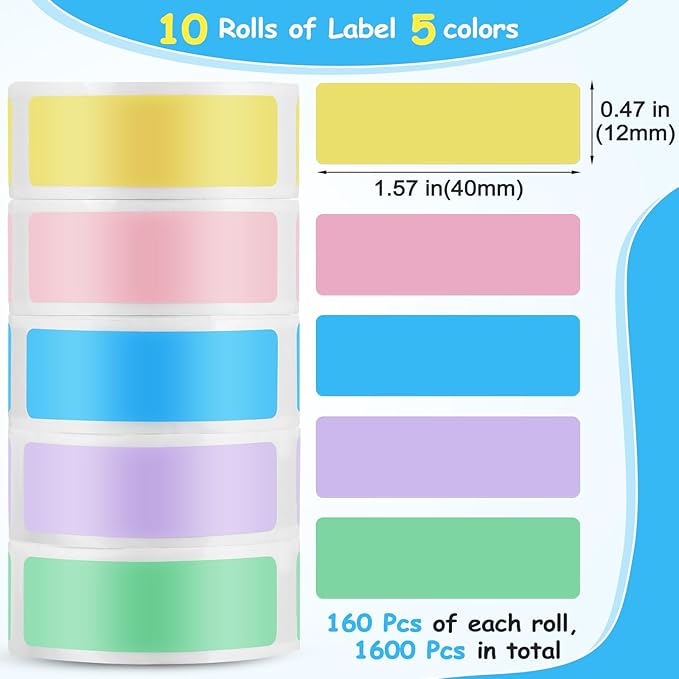 1600 Pcs Label Tapes 12 x 40 mm Laminated Stickers Replacement Compatible with D30 Portable Thermal Label Paper Printer Tapes Refill for Office 160 Pcs/roll(Soft Color)
