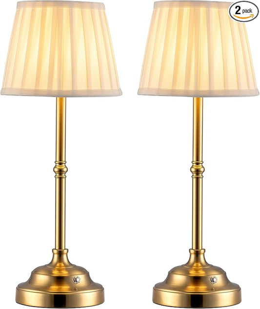 KDG Cordless LED Table Lamp Set of 2, Portables Fabric Shade Desk Lamps, 4000mAh Rechargeable Battery Powered Lighting, Dimmable Light for Dining Room, Bedroom, Bedside, Night Light, Balcony (Bronze)