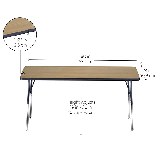 FDP Rectangle (24 x 60 inch) Classroom Table with Adjustable Standard Swivel Glide Legs (19-30 in); School and Office Furniture - Pasadena Oak Top/Navy Edge and Legs