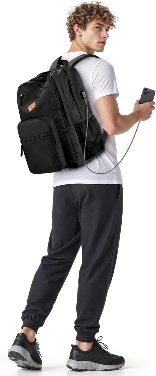 ZORFIN 36L Black Backpack for School, College, and Travel: Water Resistant Bookbag with 8 Compartments