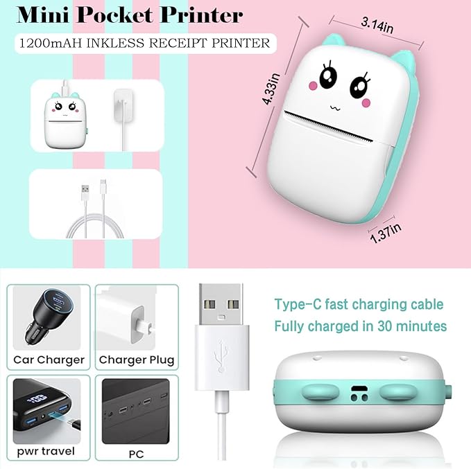 Mini Sticker Printer USX1, Inkless Thermal Pocket Receipt Printer, 203DPI, Bluetooth, Pink, 11 Rolls Paper, iOS & Android Compatible