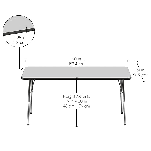 FDP Rectangle Activity School and Office Table (24 x 60 inch), Standard Legs with Ball Glides, Adjustable Height 19-30 inches - Gray Top and Black Edge