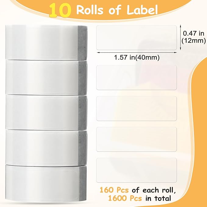 1600 Pcs Label Tapes 12 x 40 mm Laminated Stickers Replacement Compatible with D30 Portable Thermal Label Paper Printer Tapes Refill for Office 160 Pcs/roll (Clear)
