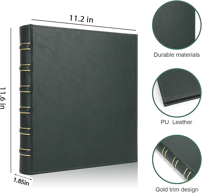Vintage Hardback 3 Ring Binder 1 Inch, Professional Leather Binder 3 Ring, Three Ring Binders Fits 8.5" x 11", D Ring Binders for Photo Album, Home, School and Office Supplies- Dark Green