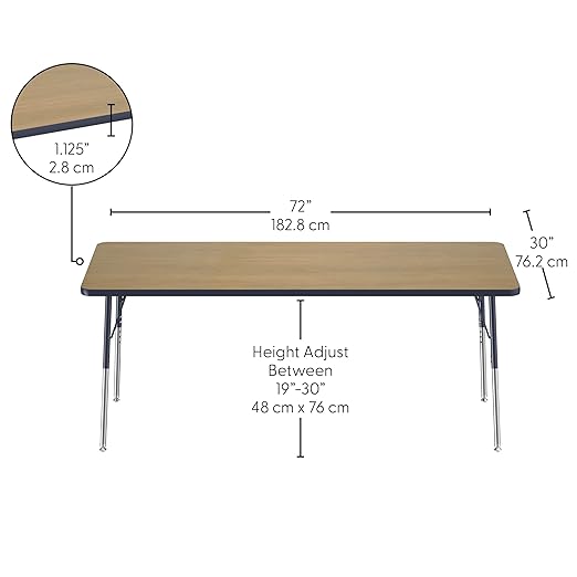 FDP Rectangle (30 x 72 inch) Classroom Table with Adjustable Standard Swivel Glide Legs (19-30 in); School and Office Furniture - Pasadena Oak Top/Navy Edge and Legs