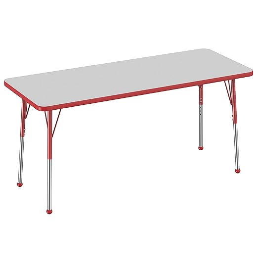 FDP Rectangle Activity School and Office Table (24 x 60 inch), Standard Legs with Ball Glides, Adjustable Height 19-30 inches - Gray Top and Red Edge