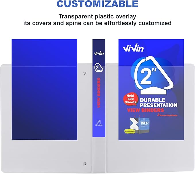 3 Ring Binder 2 Inch, ViVin Sturdy 2"-Slant D Ring Binder with 2 Interior Pockets, Clear View Cover, PVC-Free, Fits 500 Sheets of US Letter Size Paper (6 Pack, White)