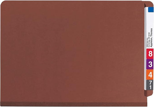 Smead 100% Recycled End Tab Pressboard Classification File Folder with SafeSHIELD Fasteners, 2 Dividers, 2" Expansion, Legal Size, Red, 10 per Box (29860)