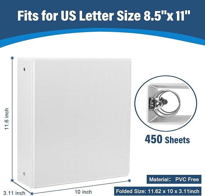 2-Inch 3-Ring Binder with Pockets, 2’’ Premium View Binders with Three Ring Binders Holds up to 450 Sheets US Letter Size, Bulk Pack of 6, Perfect for Home, Office, and School(XY014-WH) White