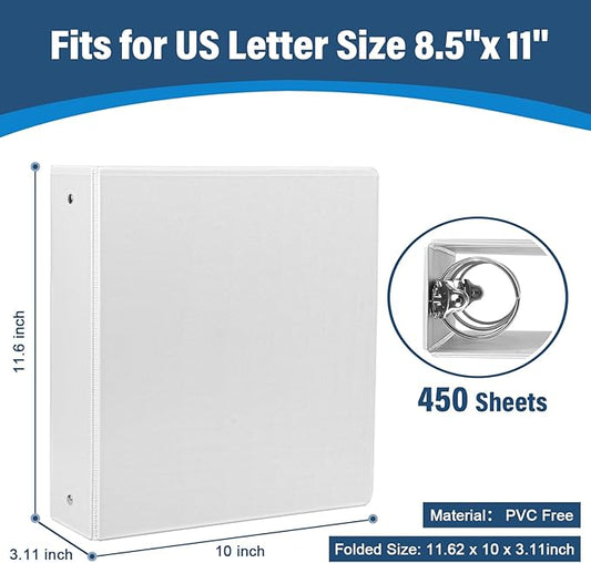 2-Inch 3-Ring Binder with Pockets, 2’’ Premium View Binders with Three Ring Binders Holds up to 450 Sheets US Letter Size, Bulk Pack of 6, Perfect for Home, Office, and School(XY014-WH) White