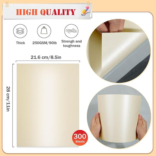 300 Sheets Shimmer Cardstock 8.5 x 11 Inch Certificate Paper Card Stock, 250gsm/92lb Double Sided Printer Paper Pearlescent Paper for Invitations, Certificates, Crafts, DIY Cards (Cream)