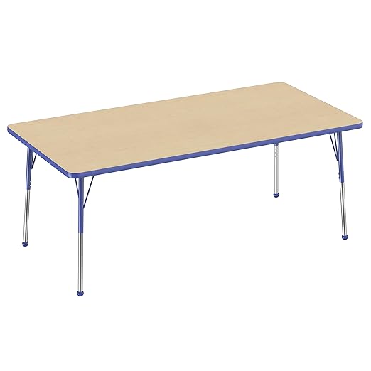 Factory Direct Partners FDP Rectangle Activity School and Office Table (36 x 72 inch), Standard Legs with Ball Glides, Adjustable Height 19-30 inches - Maple Top and Blue Edge