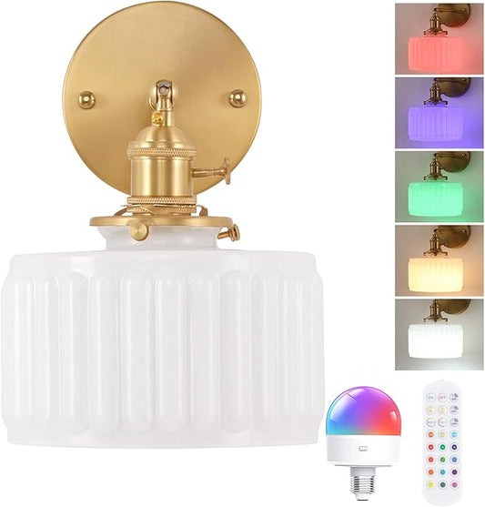Vintage Battery Operated Wall Sconce with White Striped Glass Lampshade 5000 mAh Rechargeable Battery Powered Wall Light with Remote Control for Bedside Bedroom Doorway