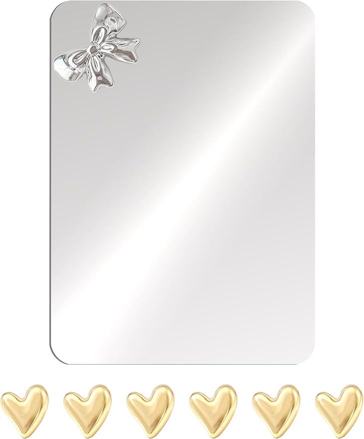 Magnetic Locker Mirror 4"x6" with Heart Magnets,Small Real Glass Frameless Magnetic Backing for School Locker, Bow Design, Makeup Mirror for Girls, Bathroom, Refrigerator, Office Cabinet, Home