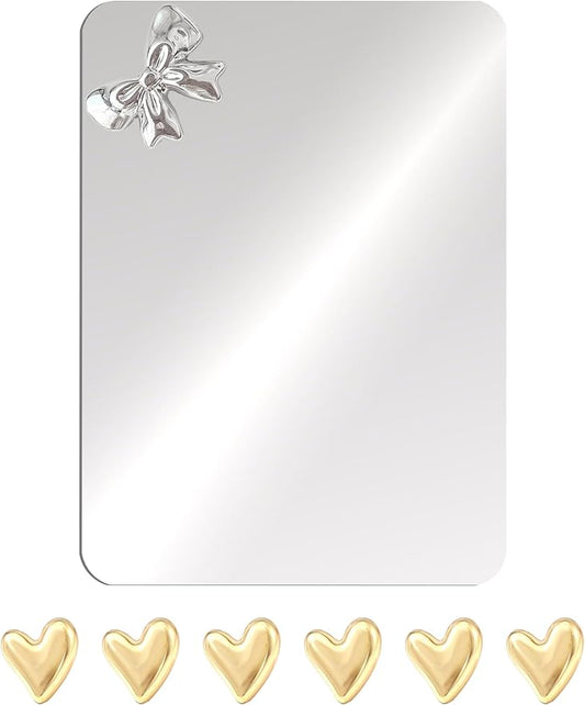 Magnetic Locker Mirror 4"x6" with Heart Magnets,Small Real Glass Frameless Magnetic Backing for School Locker, Bow Design, Makeup Mirror for Girls, Bathroom, Refrigerator, Office Cabinet, Home