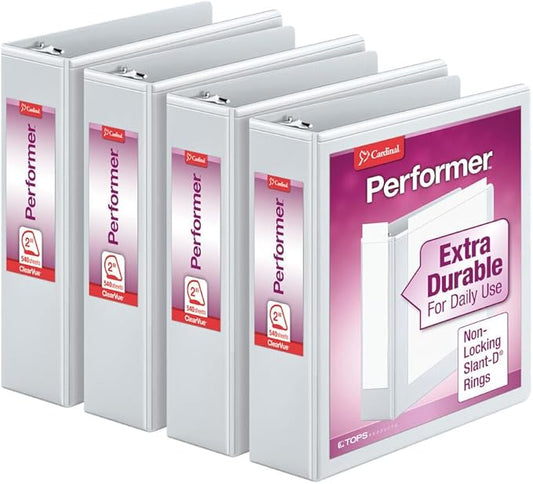 Cardinal Performer 3-Ring Binders, 2", Non-Locking Slant-D Rings, 540-Sheet Capacity, Clearvue Presentation, Non-Stick, PVC-Free, White, 4-Pack (27500), 2-Inch