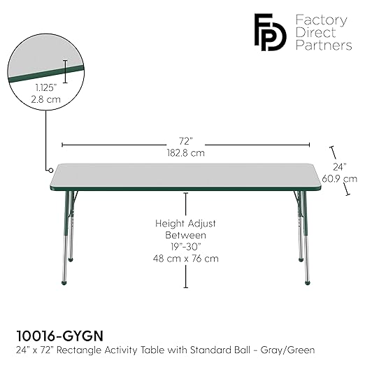FDP Rectangle Activity School and Office Table (24 x 72 inch), Standard Legs with Ball Glides, Adjustable Height 19-30 inches - Gray Top and Green Edge