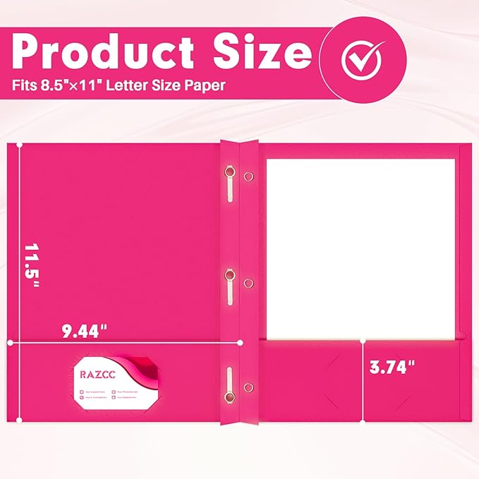 Two Pocket Folders, RAZCC 50 Pack Two Pocket Folders with Prongs, 3 Prong Folders Fit Letter Size Paper, Pocket File Folders for School Office Home Business, Magenta