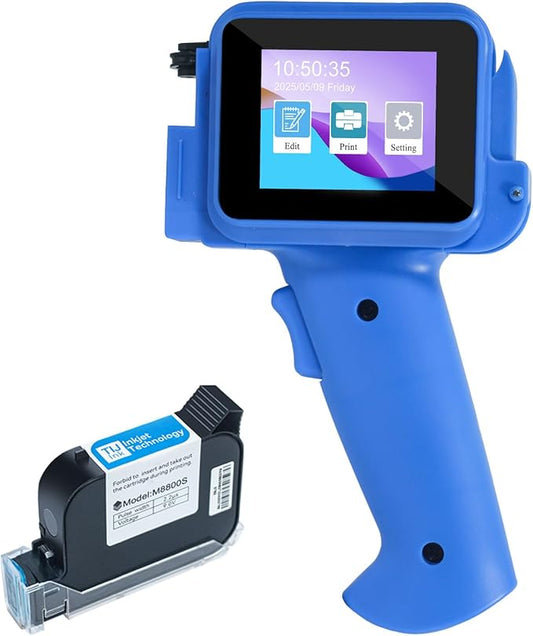 Handheld Inkjet Printer with 42ml Quick-Drying Ink Cartridge, 0.5 Inch Nozzle Ink Jet Coding Machine for EXP Date/Batch Number/QR Code/Barcode/Logo/Text (ZM-C12mini) (Blue)