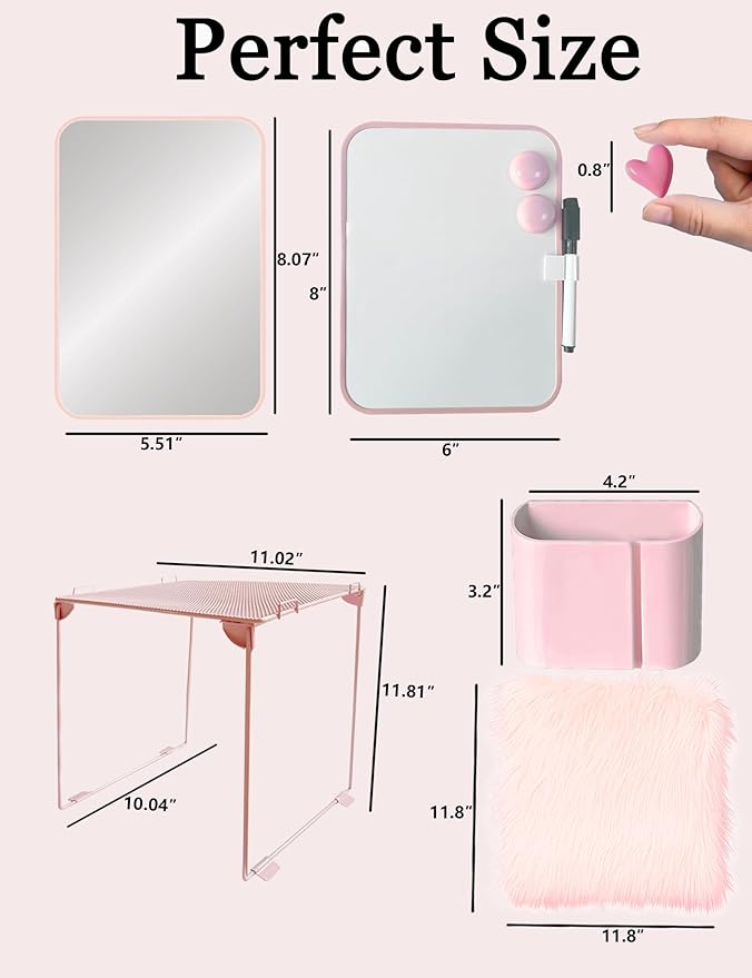 14 Pcs Pink Locker Accessories Kit with Locker Shelf Locker Organizer for Girls, Magnetic Whiteboard Magnet Locker Mirror Rug Pen Holder Heart Magnets, Back to School Kit for Locker Decor Office