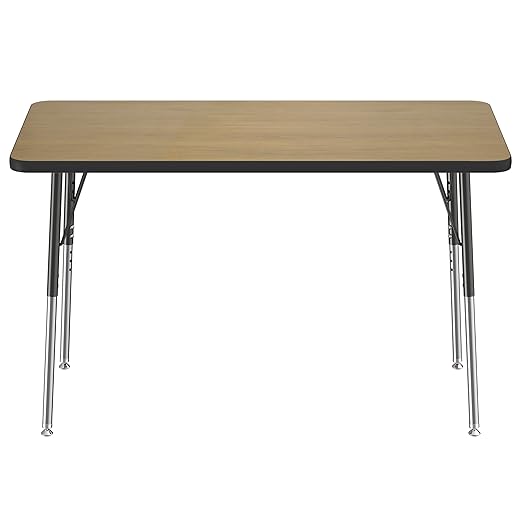 FDP Rectangle (24 x 48 inch) Classroom Table with Adjustable Standard Swivel Glide Legs (19-30 in); School and Office Furniture - Pasadena Oak Top/Black Edge and Legs