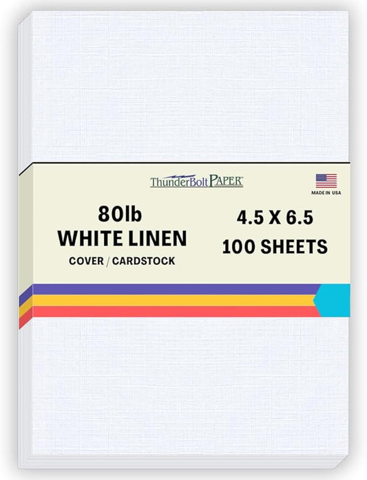100 Bright White Linen 80# Cover Paper Sheets - 4.5 X 6.5 Inches Invitation 1/2" Smaller than 5X7 Size - 80 lb/pound Card Weight - Fine Linen Textured Finish