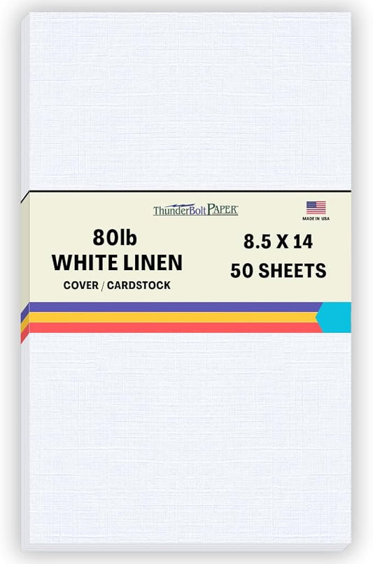 50 Bright White Linen 80# Cover Paper Sheets - 8.5" X 14" (8.5X14 Inches) Legal|Menu Size - 80 lb/pound Card Weight - Fine Linen Textured Finish Quality Cardstock