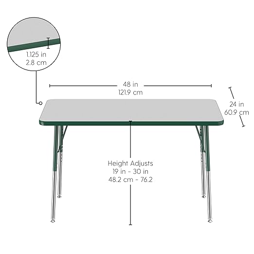FDP Rectangle Activity School and Office Table (24 x 48 inch), Standard Legs with Swivel Glides, Adjustable Height 19-30 inches - Gray Top and Green Edge